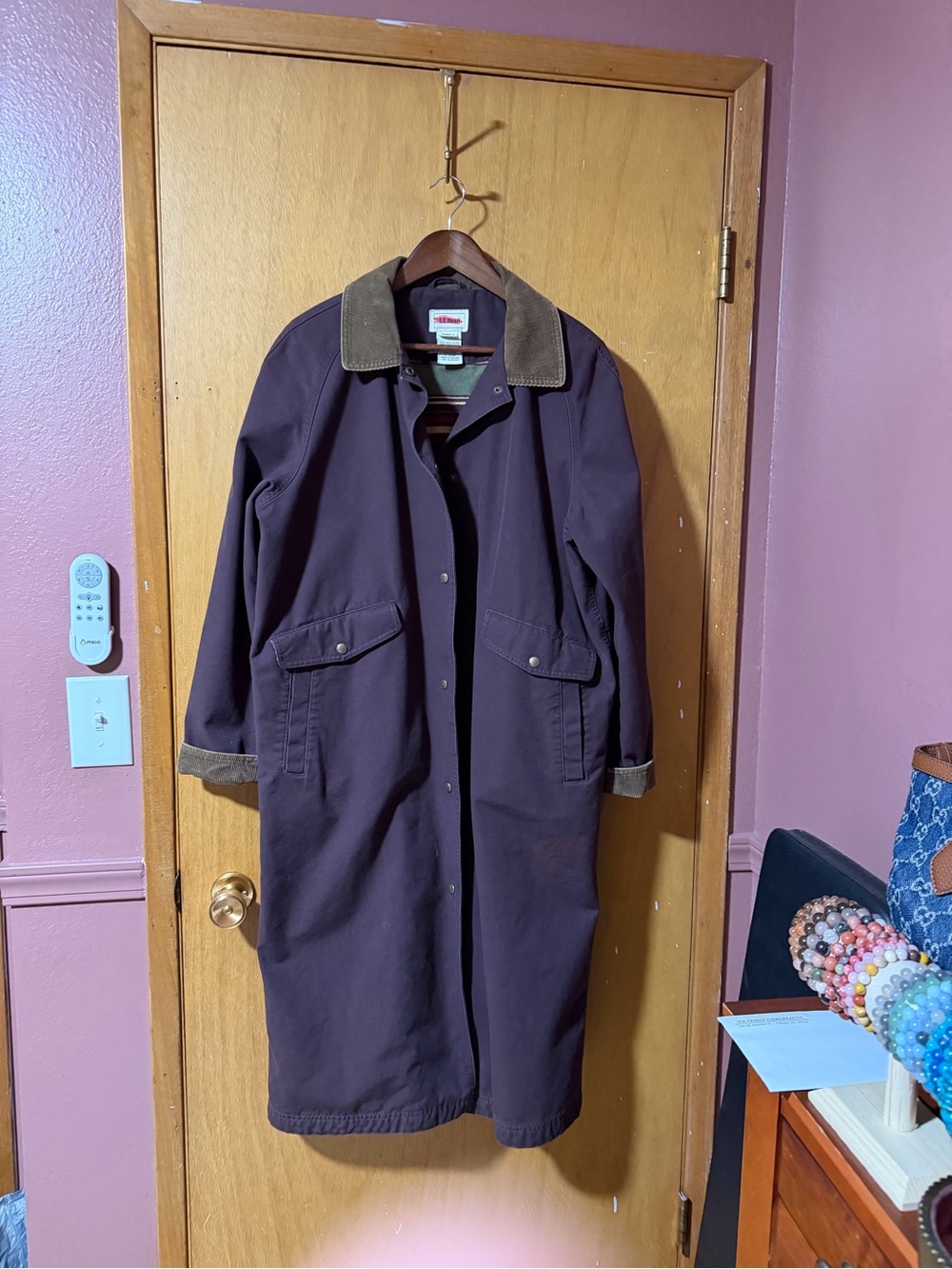 LL Bean Dark Brown Canvas Long Trench Barn Coat with Corduroy Collar